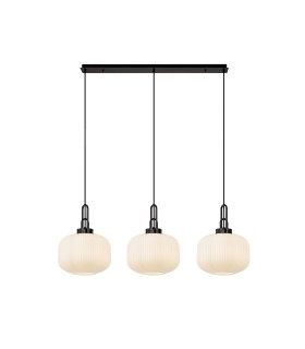 Yorktown Linear 3 Light Pendant E27 Black Chrome/Matt Black 30cm Pumpkin Shaped Ribbed Opal Glass-1