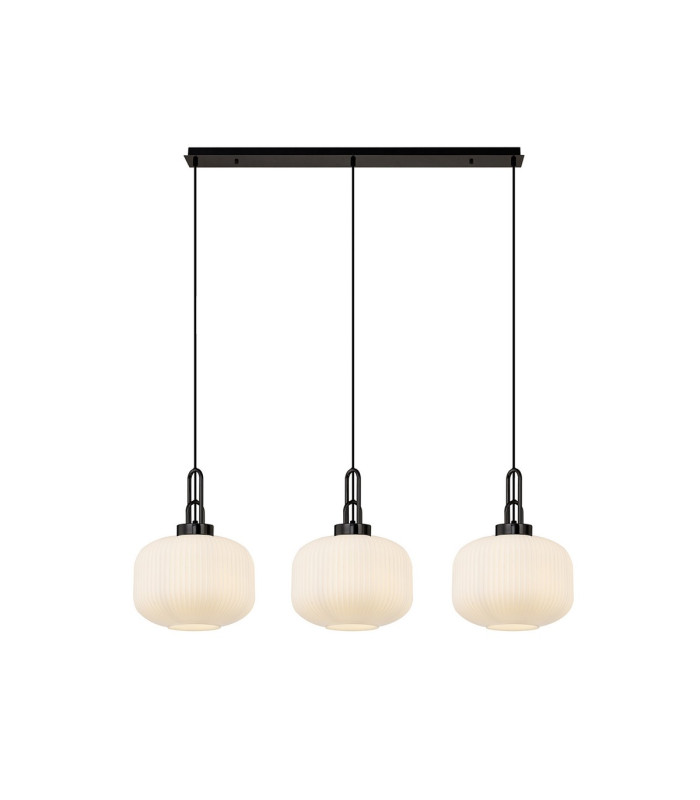Yorktown Linear 3 Light Pendant E27 Black Chrome/Matt Black 30cm Pumpkin Shaped Ribbed Opal Glass-1