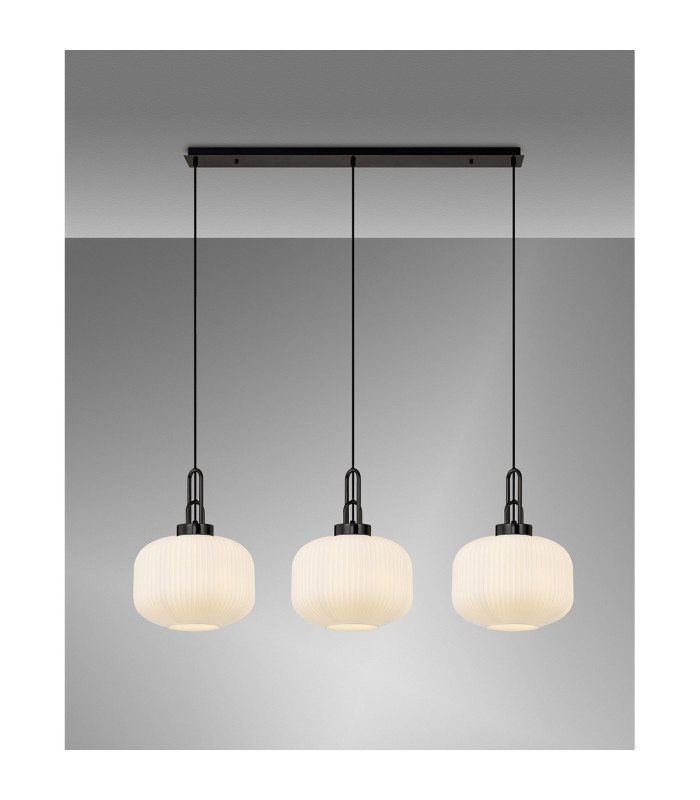 Yorktown Linear 3 Light Pendant E27 Black Chrome/Matt Black 30cm Pumpkin Shaped Ribbed Opal Glass-3