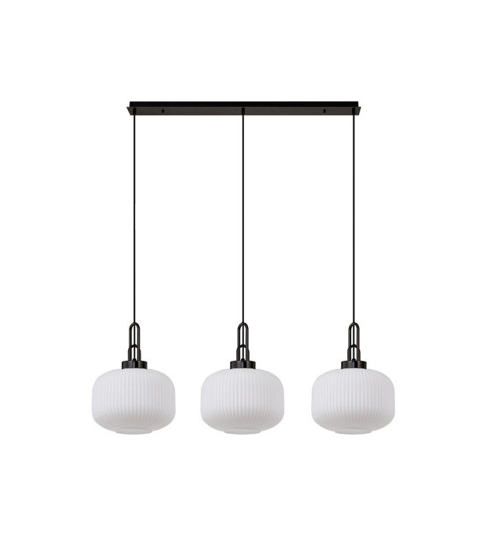 Yorktown Linear 3 Light Pendant E27 Black Chrome/Matt Black 30cm Pumpkin Shaped Ribbed Opal Glass-4