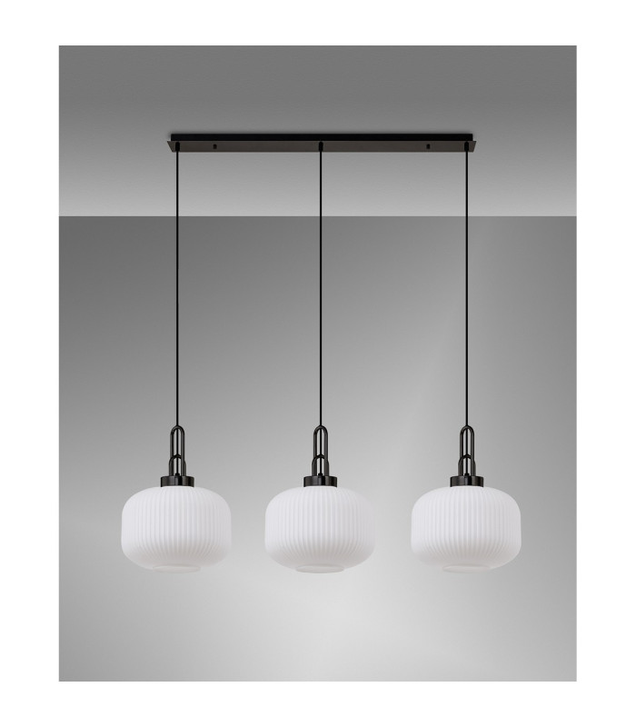Yorktown Linear 3 Light Pendant E27 Black Chrome/Matt Black 30cm Pumpkin Shaped Ribbed Opal Glass-11