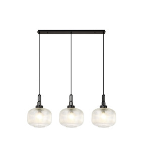 Yorktown Linear 3 Light Pendant E27 Black Chrome/Matt Black 30cm Pumpkin Shaped Ribbed Clear Glass-1