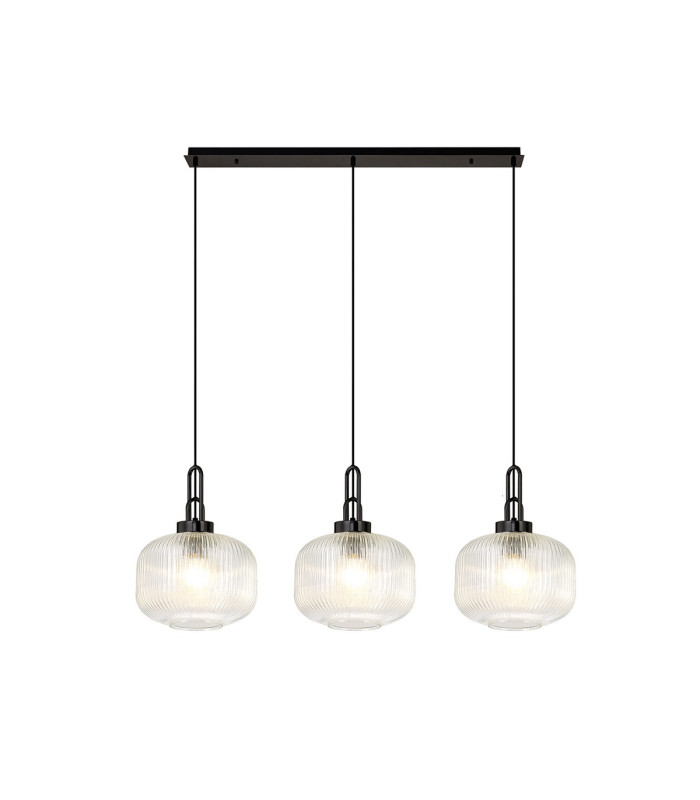 Yorktown Linear 3 Light Pendant E27 Black Chrome/Matt Black 30cm Pumpkin Shaped Ribbed Clear Glass-1