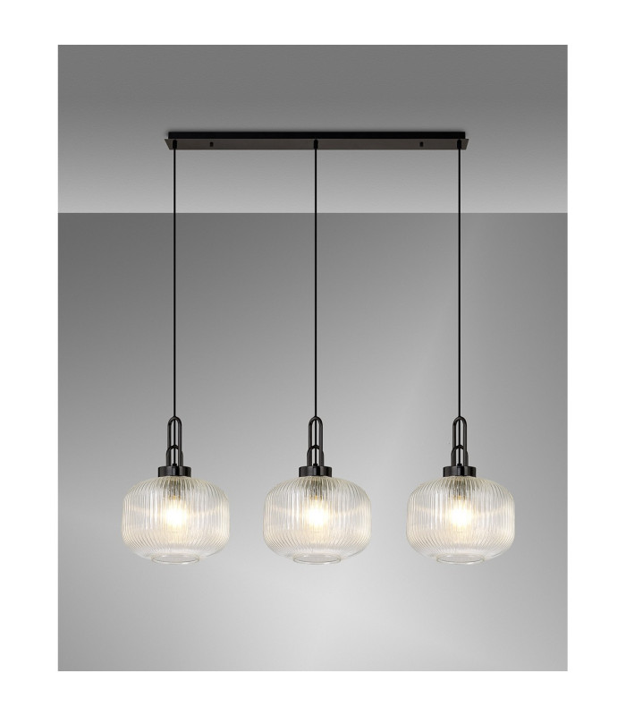 Yorktown Linear 3 Light Pendant E27 Black Chrome/Matt Black 30cm Pumpkin Shaped Ribbed Clear Glass-3