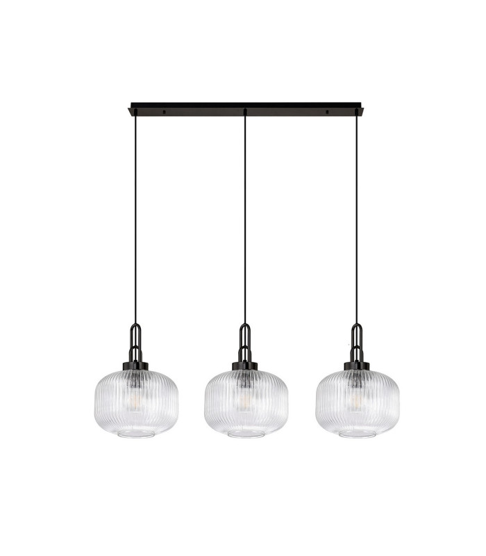 Yorktown Linear 3 Light Pendant E27 Black Chrome/Matt Black 30cm Pumpkin Shaped Ribbed Clear Glass-4