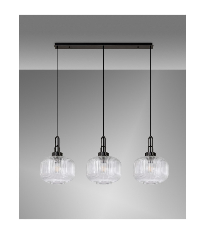 Yorktown Linear 3 Light Pendant E27 Black Chrome/Matt Black 30cm Pumpkin Shaped Ribbed Clear Glass-11