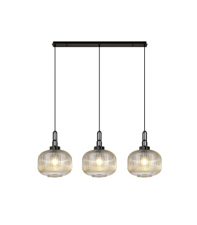 Yorktown Linear 3 Light Pendant E27 Black Chrome/Matt Black 30cm Pumpkin Shaped Ribbed Champagne Glass-1