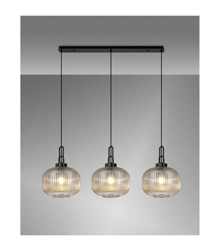 Yorktown Linear 3 Light Pendant E27 Black Chrome/Matt Black 30cm Pumpkin Shaped Ribbed Champagne Glass-3