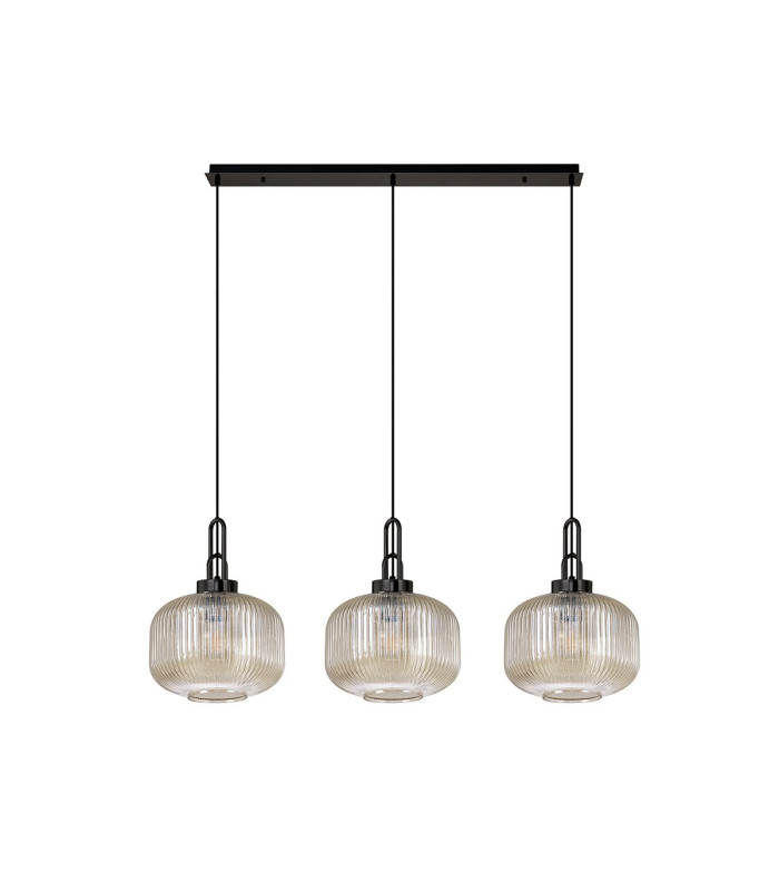 Yorktown Linear 3 Light Pendant E27 Black Chrome/Matt Black 30cm Pumpkin Shaped Ribbed Champagne Glass-4