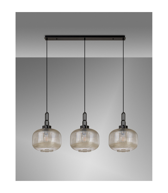 Yorktown Linear 3 Light Pendant E27 Black Chrome/Matt Black 30cm Pumpkin Shaped Ribbed Champagne Glass-11