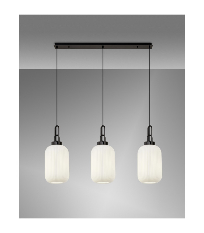 Yorktown Linear 3 Light Pendant 20cm Tubular Ribbed Glass Black Chrome/Matt Black Opal-3