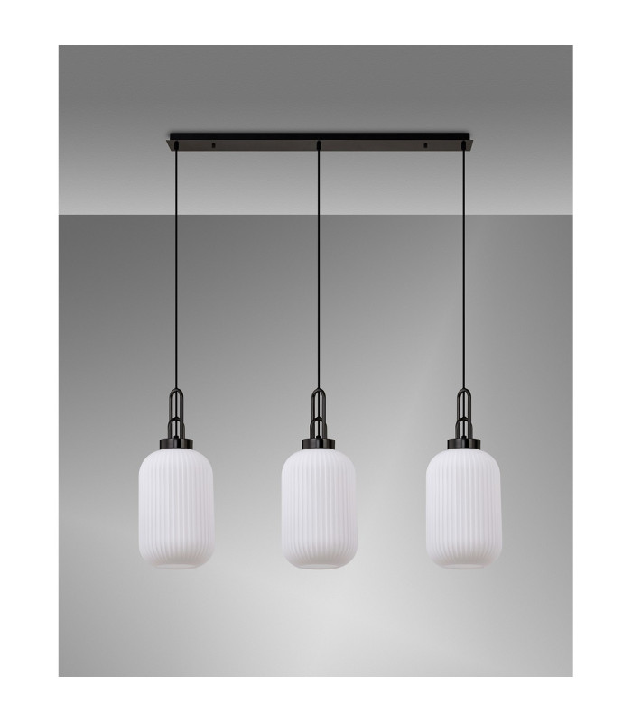 Yorktown Linear 3 Light Pendant 20cm Tubular Ribbed Glass Black Chrome/Matt Black Opal-10