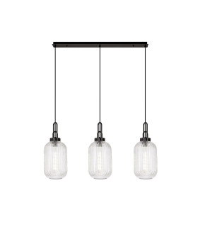 Yorktown Linear 3 Light Pendant 20cm Tubular Ribbed Glass Black Chrome/Matt Black Clear-1