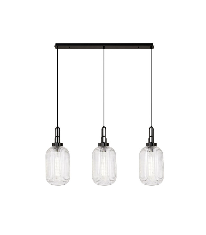 Yorktown Linear 3 Light Pendant 20cm Tubular Ribbed Glass Black Chrome/Matt Black Clear-1