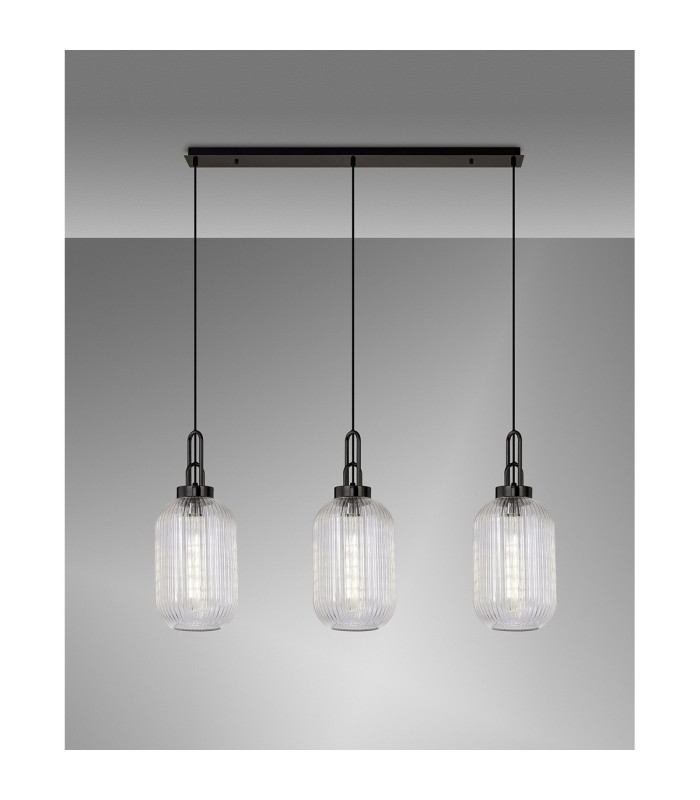 Yorktown Linear 3 Light Pendant 20cm Tubular Ribbed Glass Black Chrome/Matt Black Clear-3