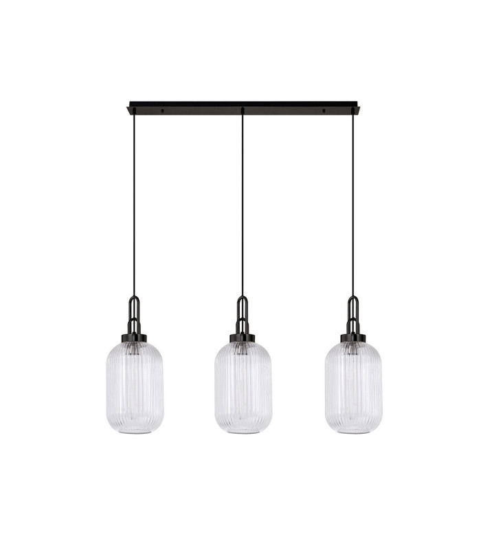Yorktown Linear 3 Light Pendant 20cm Tubular Ribbed Glass Black Chrome/Matt Black Clear-4