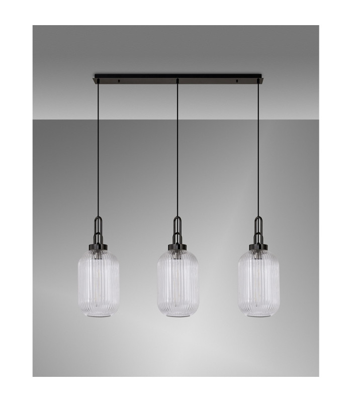 Yorktown Linear 3 Light Pendant 20cm Tubular Ribbed Glass Black Chrome/Matt Black Clear-11