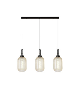 Yorktown Linear 3 Light Pendant 20cm Tubular Ribbed Glass Black Chrome/Matt Black Champagne-1