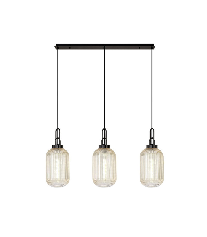 Yorktown Linear 3 Light Pendant 20cm Tubular Ribbed Glass Black Chrome/Matt Black Champagne-1