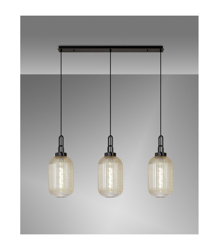 Yorktown Linear 3 Light Pendant 20cm Tubular Ribbed Glass Black Chrome/Matt Black Champagne-3
