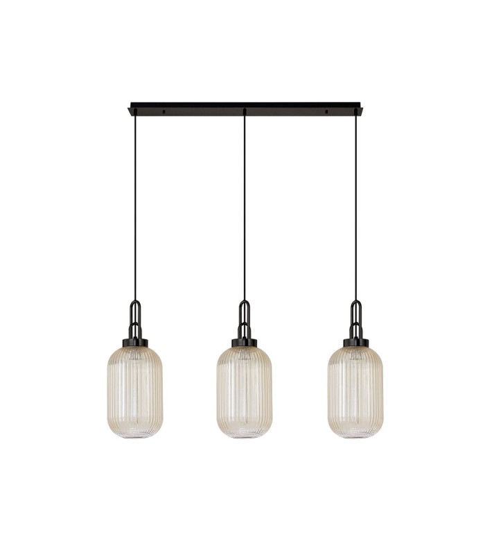 Yorktown Linear 3 Light Pendant 20cm Tubular Ribbed Glass Black Chrome/Matt Black Champagne-4