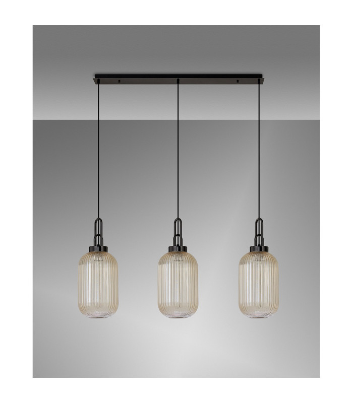 Yorktown Linear 3 Light Pendant 20cm Tubular Ribbed Glass Black Chrome/Matt Black Champagne-11