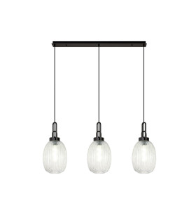 Yorktown Linear 3 Light Pendant 20cm Almond Ribbed Glass Black Chrome/Matt Black Clear-1