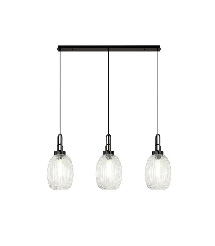 Yorktown Linear 3 Light Pendant 20cm Almond Ribbed Glass Black Chrome/Matt Black Clear-1