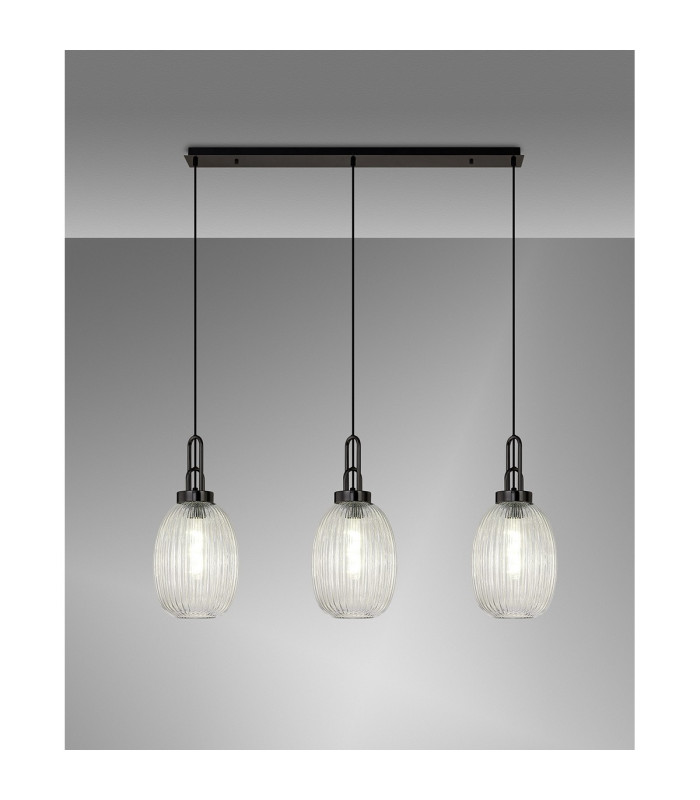 Yorktown Linear 3 Light Pendant 20cm Almond Ribbed Glass Black Chrome/Matt Black Clear-3
