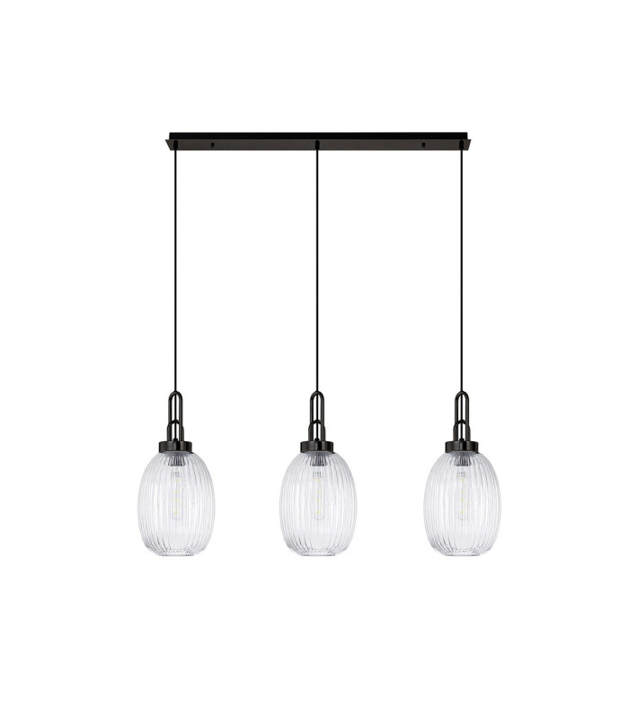 Yorktown Linear 3 Light Pendant 20cm Almond Ribbed Glass Black Chrome/Matt Black Clear-4