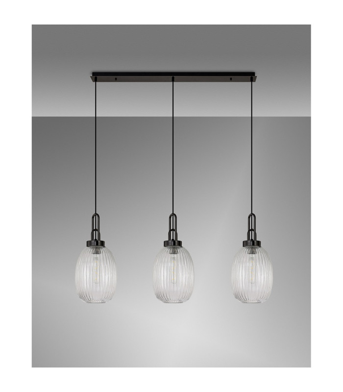 Yorktown Linear 3 Light Pendant 20cm Almond Ribbed Glass Black Chrome/Matt Black Clear-10