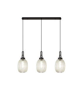 Yorktown Linear 3 Light Pendant 20cm Almond Ribbed Glass Black Chrome/Matt Black Champagne-1
