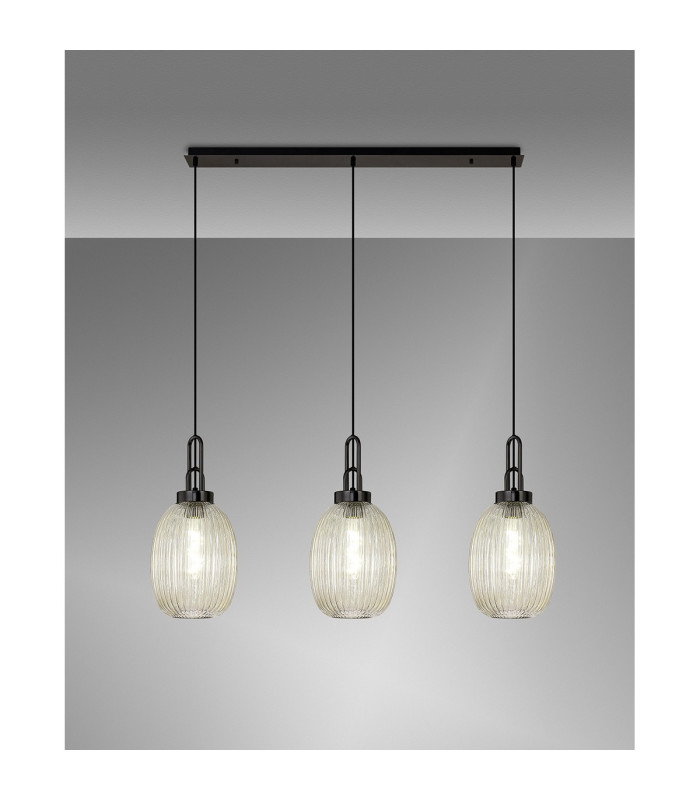 Yorktown Linear 3 Light Pendant 20cm Almond Ribbed Glass Black Chrome/Matt Black Champagne-3