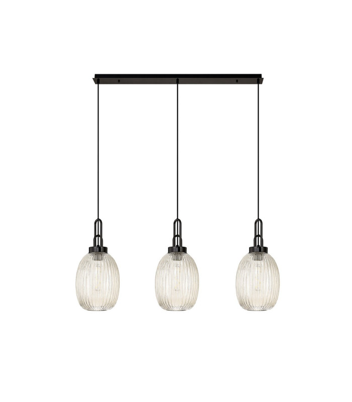 Yorktown Linear 3 Light Pendant 20cm Almond Ribbed Glass Black Chrome/Matt Black Champagne-4