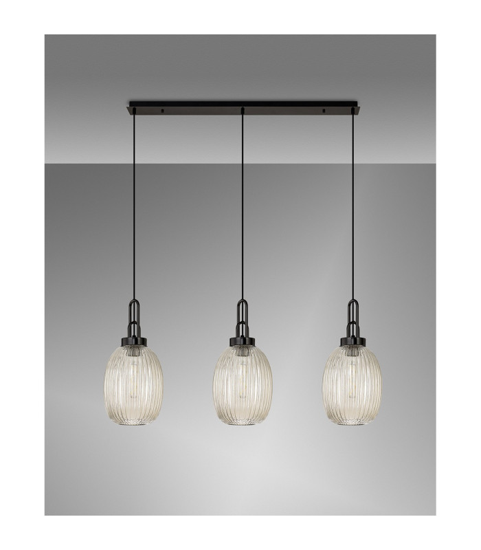 Yorktown Linear 3 Light Pendant 20cm Almond Ribbed Glass Black Chrome/Matt Black Champagne-11