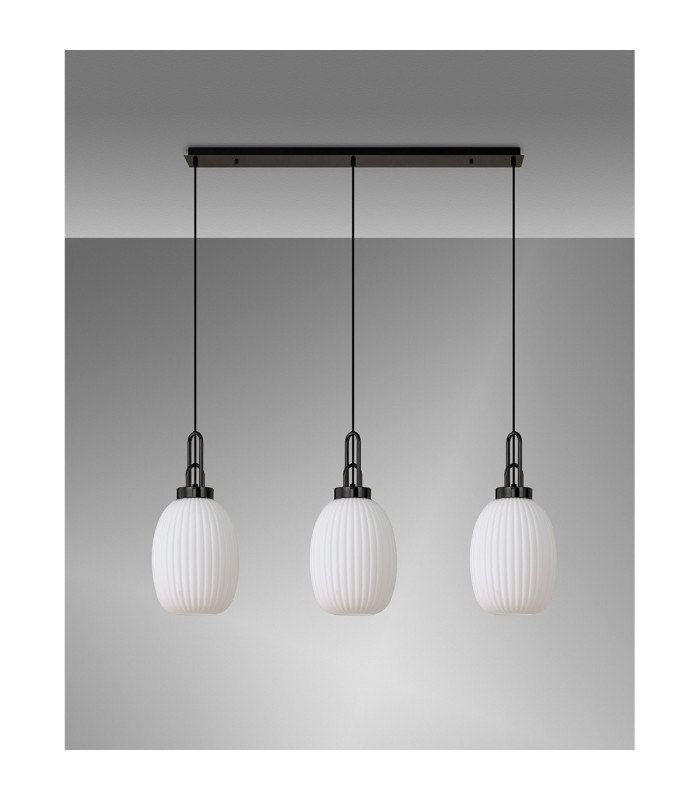 Yorktown Linear 3 Light Pendant 20cm Almond Ribbed Glass Black Chrome/Matt Black Opal-10