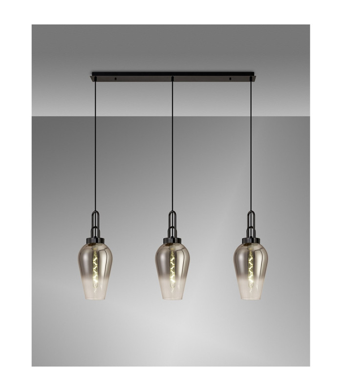 Yorktown Linear 3 Light Pendant E27 23cm Pear Glass Smoked/Clear Black Chrome/Matt Black-3