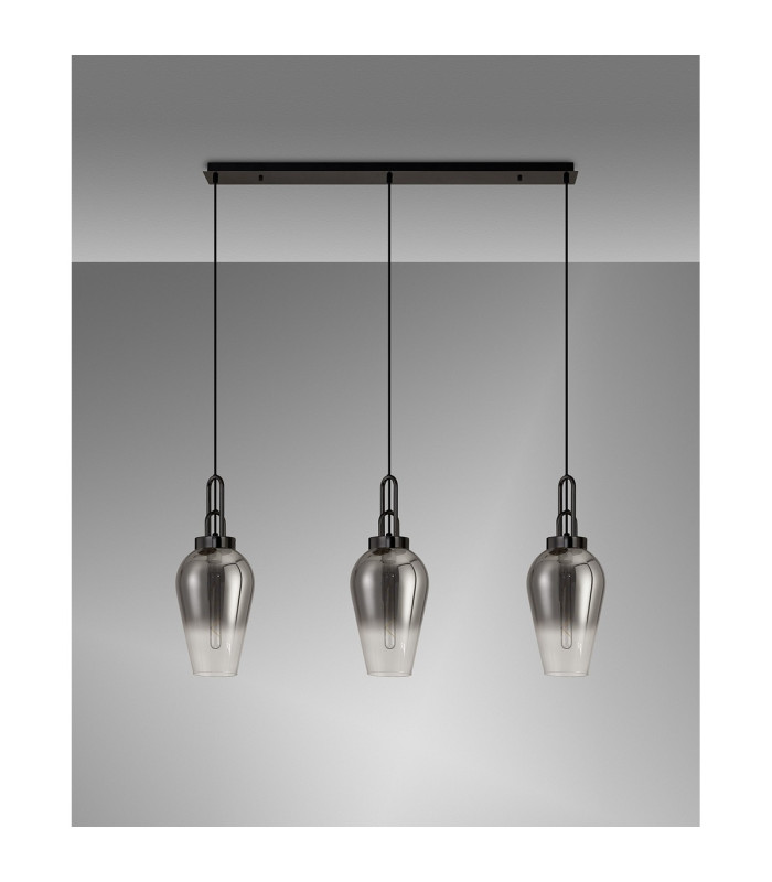 Yorktown Linear 3 Light Pendant E27 23cm Pear Glass Smoked/Clear Black Chrome/Matt Black-10