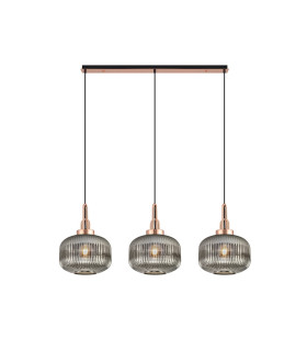 Yorktown Linear 3 Light Pendant E27 Copper/Matt Black 30cm Pumpkin Shaped Ribbed Smoked Glass-1