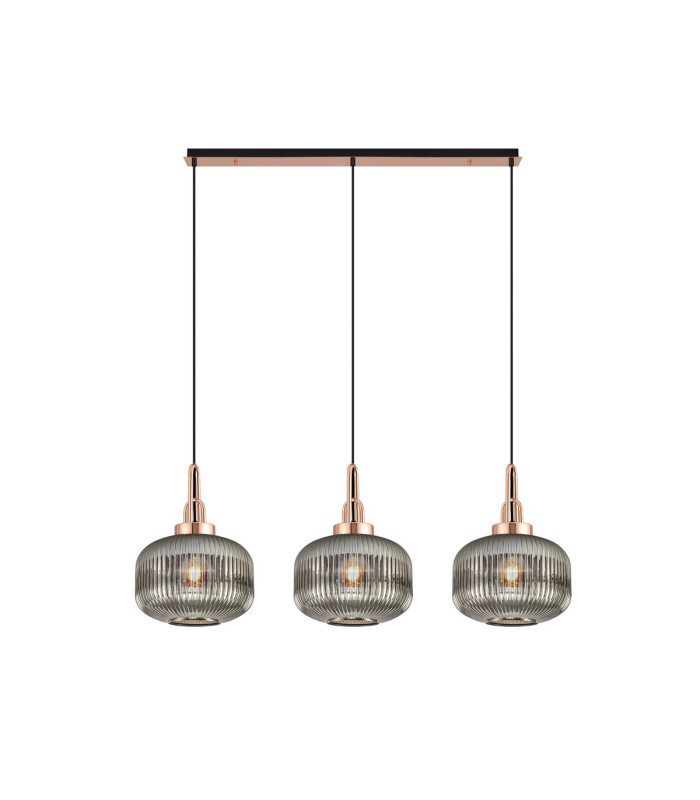 Yorktown Linear 3 Light Pendant E27 Copper/Matt Black 30cm Pumpkin Shaped Ribbed Smoked Glass-1