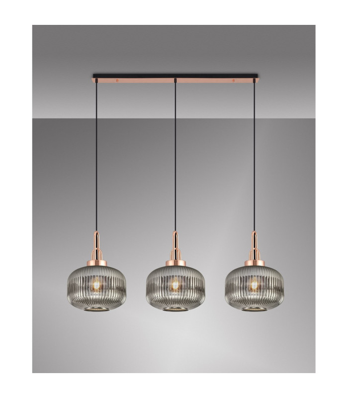 Yorktown Linear 3 Light Pendant E27 Copper/Matt Black 30cm Pumpkin Shaped Ribbed Smoked Glass-3