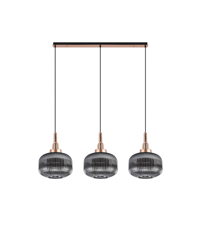 Yorktown Linear 3 Light Pendant E27 Copper/Matt Black 30cm Pumpkin Shaped Ribbed Smoked Glass-4