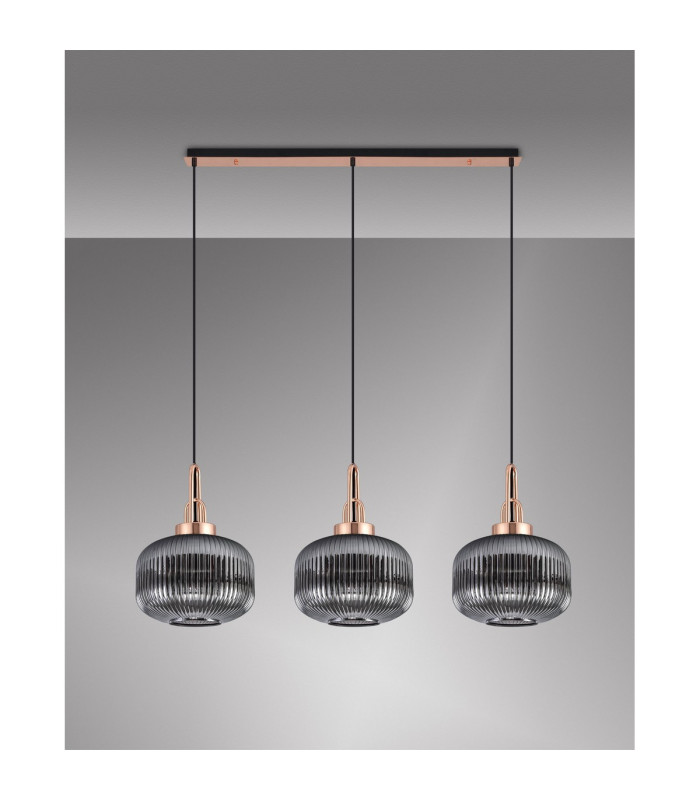 Yorktown Linear 3 Light Pendant E27 Copper/Matt Black 30cm Pumpkin Shaped Ribbed Smoked Glass-11