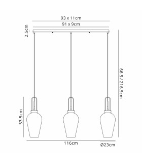 Yorktown Linear 3 Light Pendant E27 23cm Pear Glass Copper/Clear Copper/Matt Black-2
