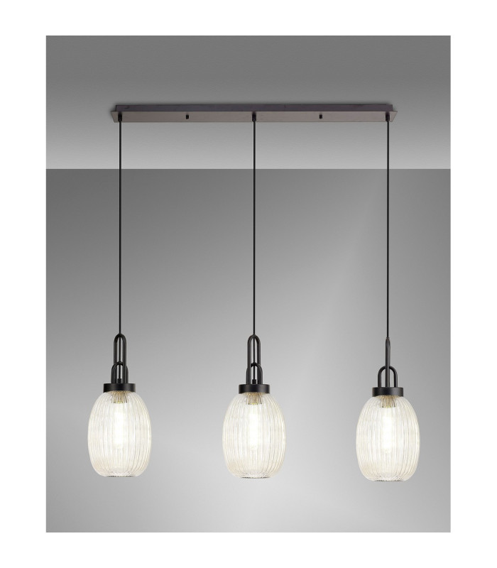 Yorktown Linear 3 Light Pendant 20cm Almond Ribbed Glass Matt Black/Matt Black Champagne-3