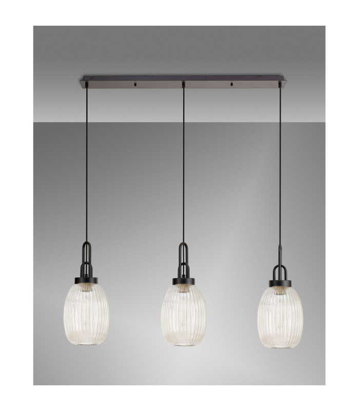 Yorktown Linear 3 Light Pendant 20cm Almond Ribbed Glass Matt Black/Matt Black Champagne-10
