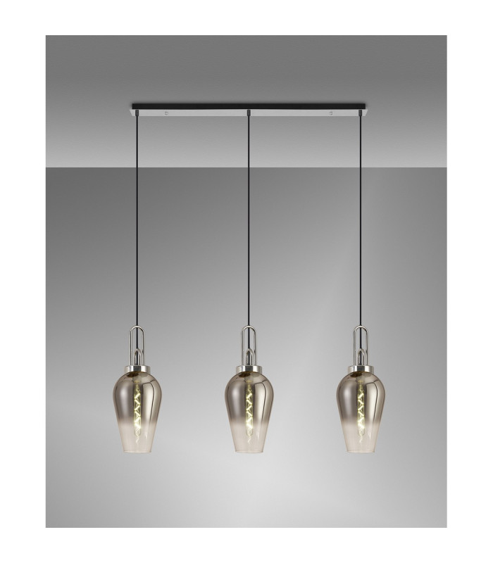 Yorktown Linear 3 Light Pendant E27 23cm Pear Glass Smoked/Clear Polished Nickel/Matt Black-3