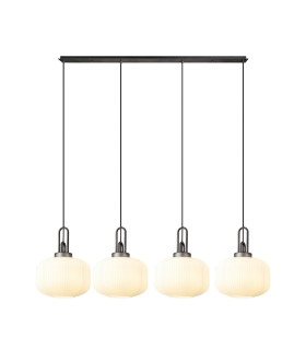 Yorktown Linear Pendant 4 x E27 Aged Pewter/Matt Black 30cm Pumpkin Shaped Ribbed Opal Glass-1