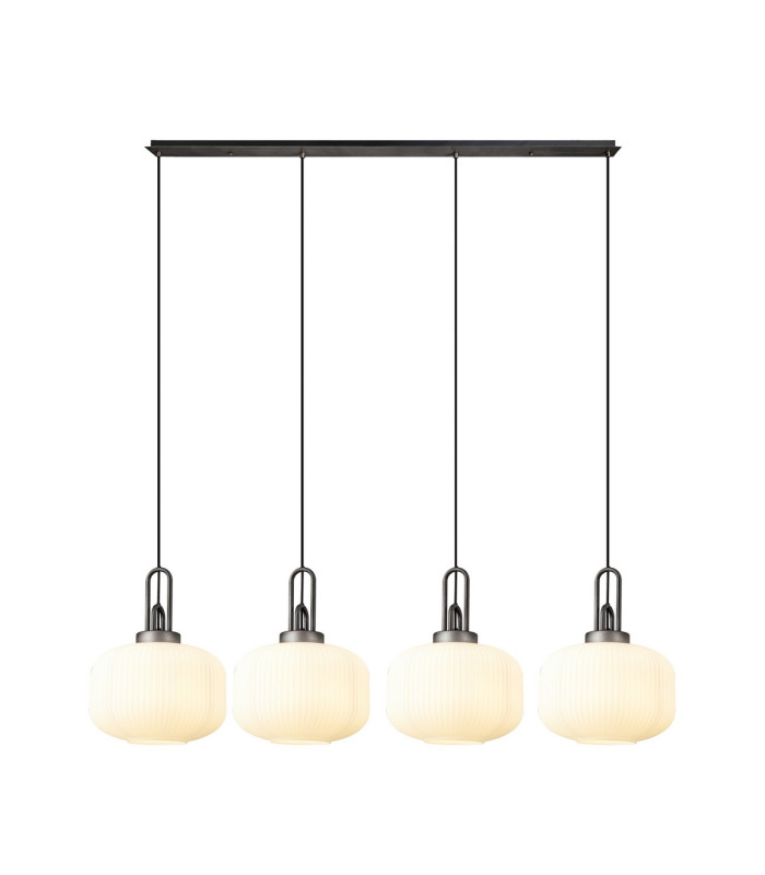 Yorktown Linear Pendant 4 x E27 Aged Pewter/Matt Black 30cm Pumpkin Shaped Ribbed Opal Glass-1