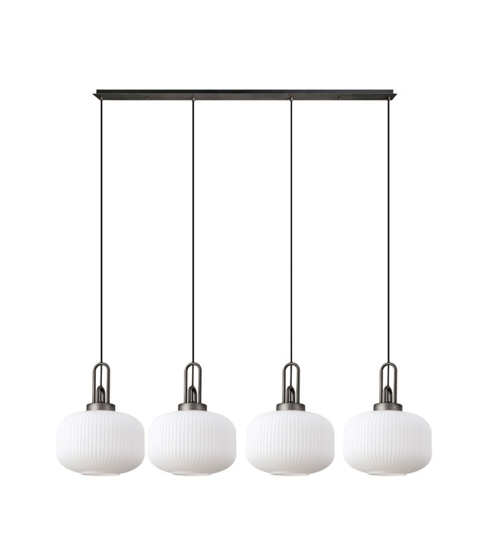 Yorktown Linear Pendant 4 x E27 Aged Pewter/Matt Black 30cm Pumpkin Shaped Ribbed Opal Glass-3